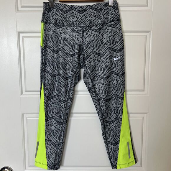 Nike Dri Fit Cropped Running Leggings Geometric Pattern Gray Neon Size XS - Picture 1 of 5